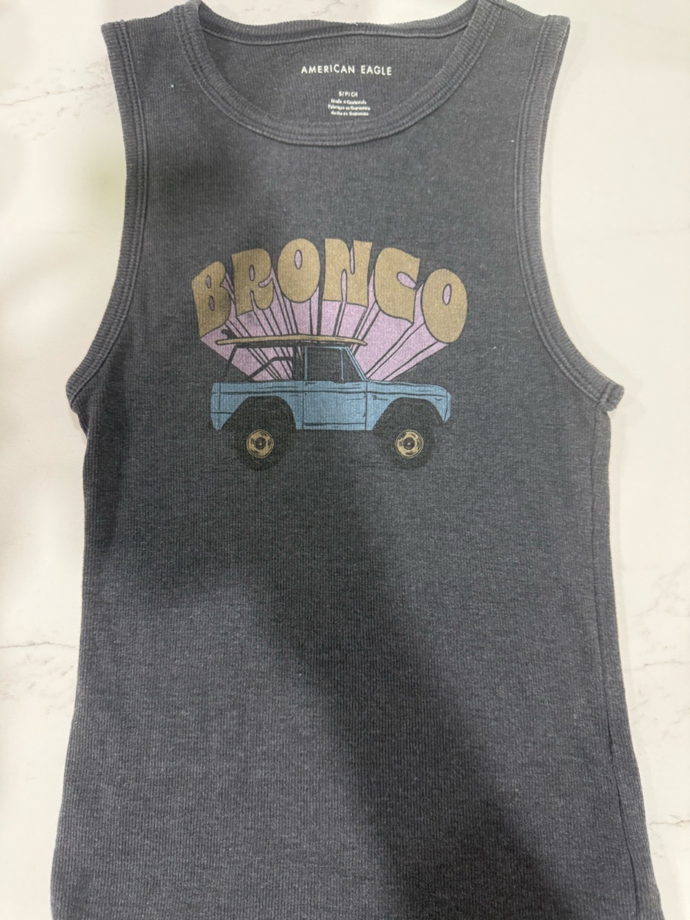 American Eagle Outfitters Charcoal Muscle Tank with Blue, Pink & Gold Graphic